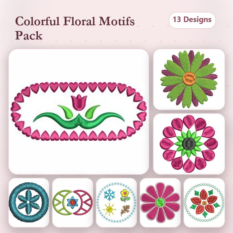 Colorful Floral Motifs Embroidery Designs Bundle – Tulip Motif, Daisy Flower, Large Floral Bouquet & More (13 Designs)