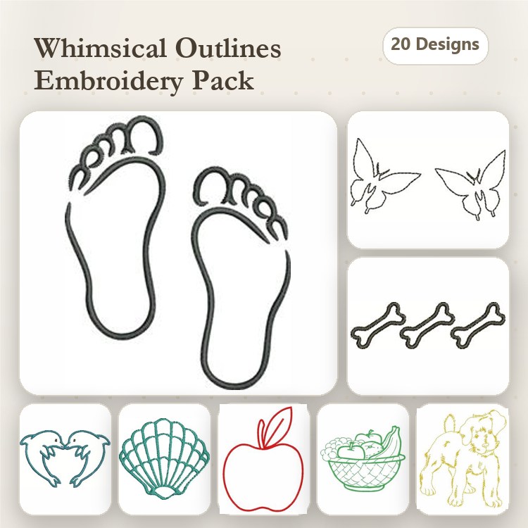 Redwork Whimsical Outlines Embroidery Designs Bundle – Footprints, Butterfly, Dog Bones & More (20 Designs)
