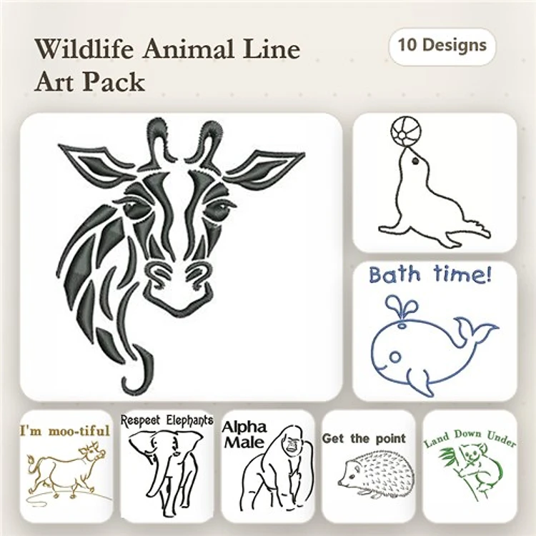 Redwork Wildlife Animal Line Art Embroidery Bundle – Giraffe, Seal, Whale, Hedgehog & More (10 Designs)