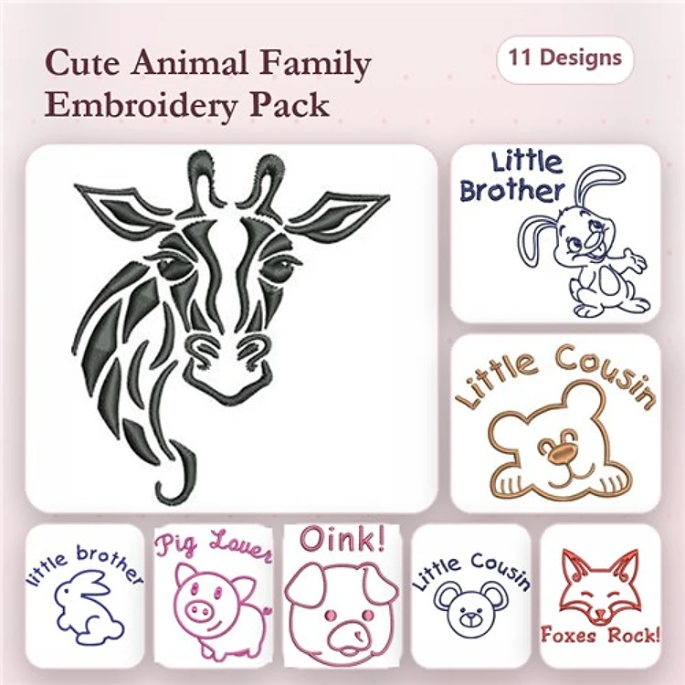 Cute Animal Family Embroidery Designs Bundle – Giraffe, Bunny, Pig, Fox & More (11 Designs)