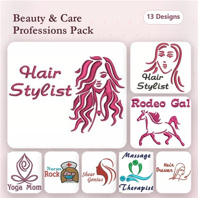 Beauty and Care Professions Embroidery Designs Bundle – Hair Stylist, Rodeo Gal, Yoga Mom & More (13 Designs)