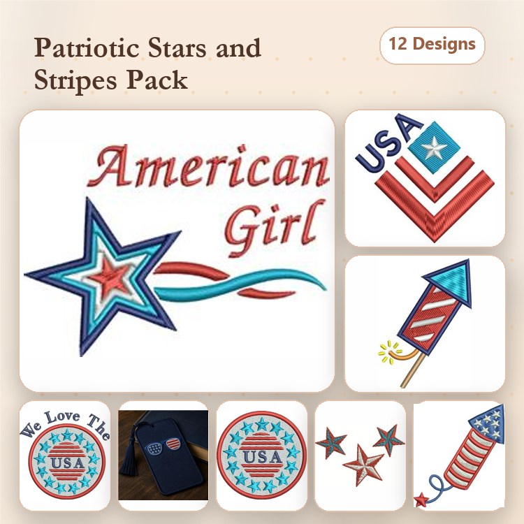 Patriotic Stars and Stripes Embroidery Designs Bundle – American Girl Text, USA Emblem, Fireworks Rocket & More (12 Designs)