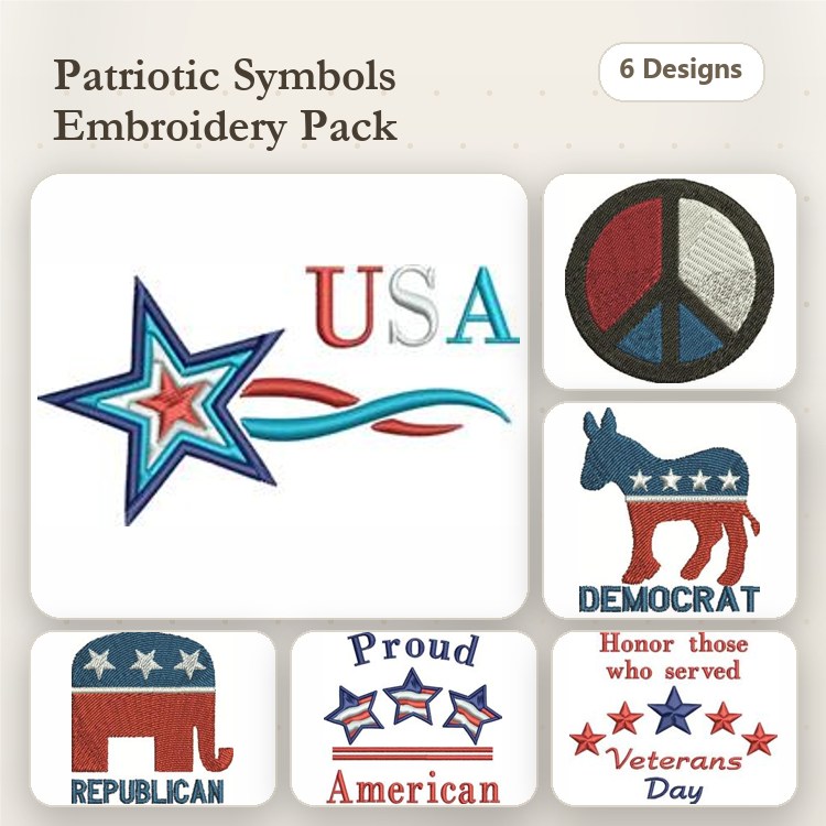 Patriotic Symbols Embroidery Designs Bundle – USA Star, Peace Symbol, Democrat Donkey & More (6 Designs)