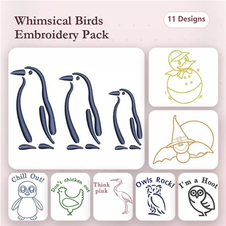Redwork Whimsical Bird Embroidery Designs Bundle – Penguins, Snowman, Owls Rock & More (11 Designs)