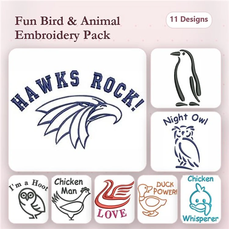 Bird and Animal Embroidery Designs Bundle – Hawks Rock!, Night Owl, Penguin & More (11 Designs)