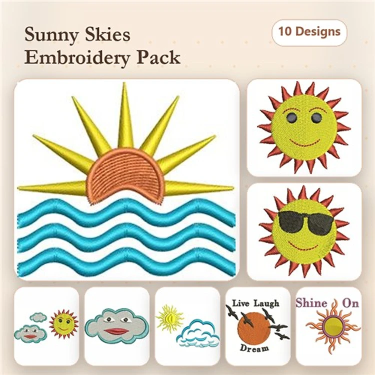 Sunny Weather Embroidery Designs Bundle – Sun with Rays, Smiling Sun, Cheerful Sun & More (10 Designs)
