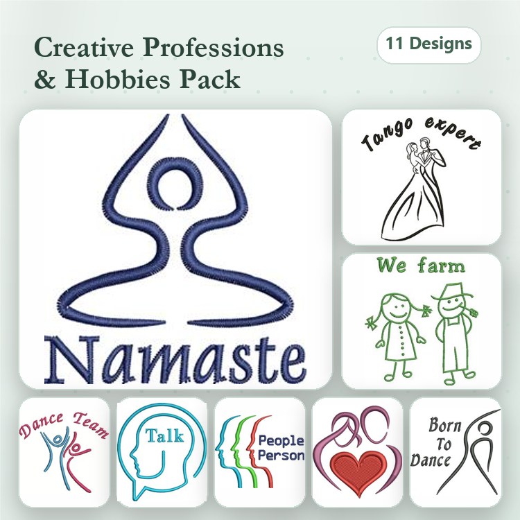 Creative Professions & Hobbies Embroidery Designs Bundle – Namaste, Tango Expert, We Farm & More (11 Designs)