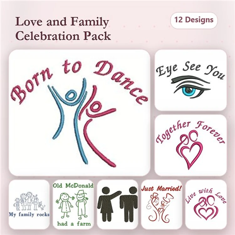 Redwork Love & Family Celebration Embroidery Designs Bundle – Together Forever, My Family Rocks, Just Married & More (12 Designs)