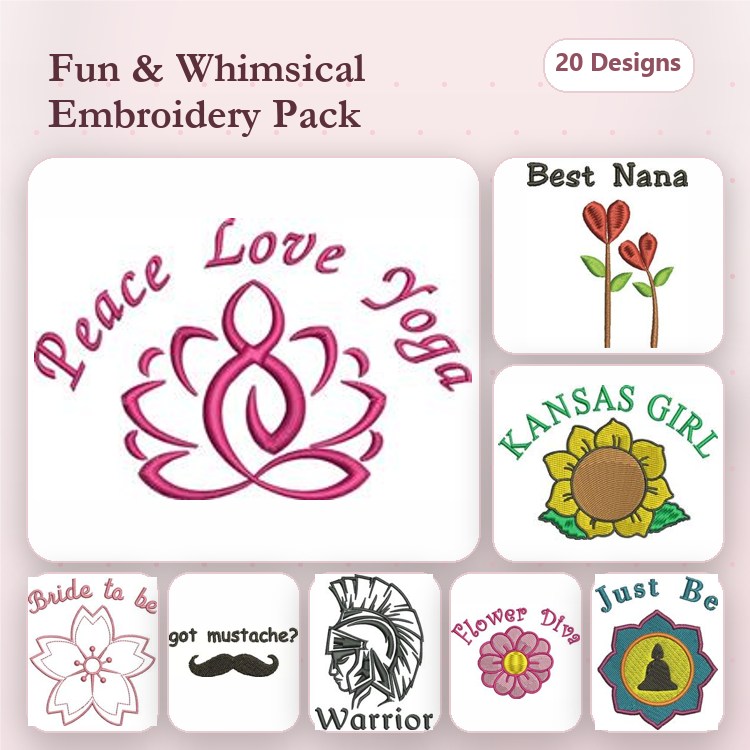 Fun and Whimsical Themes Embroidery Designs Bundle – Peace Love Yoga, Best Nana, Kansas Girl & More (20 Designs)