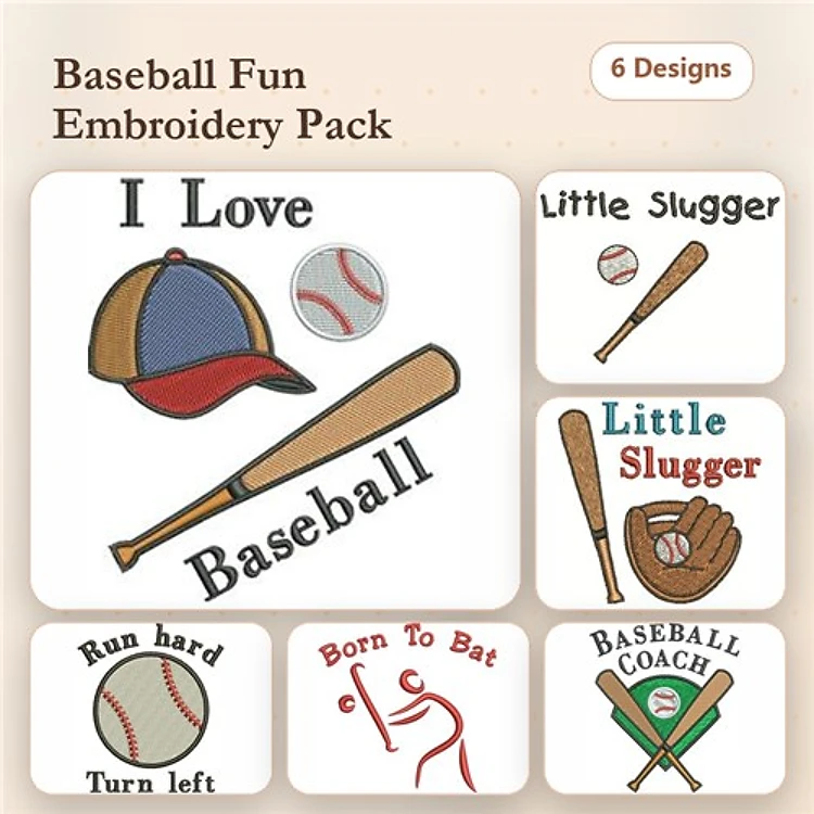 Baseball Embroidery Bundle – I Love Baseball, Baseball with Bat, Little Slugger & More (6 Designs)