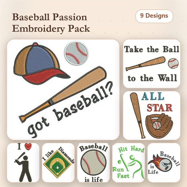 Baseball Themed Embroidery Bundle – Baseball Cap, Baseball Bat, I Love Baseball & More (9 Designs)