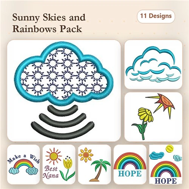Sunny Skies and Rainbows Embroidery Designs Bundle – Sun Cloud, Rainbow, Birthday Cake & More (11 Designs)