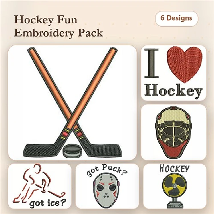 Hockey Embroidery Bundle – Hockey Sticks, I Love Hockey, Hockey Mask & More (6 Designs)