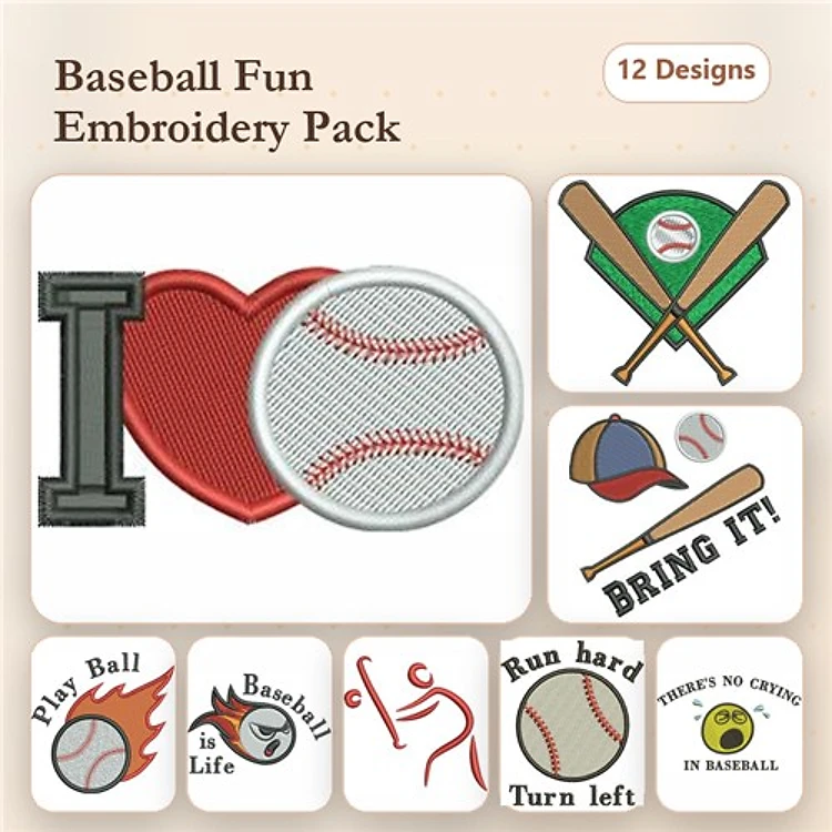 Baseball Embroidery Designs Bundle – I Love Baseball, Play Ball, Baseball is Life & More (12 Designs)