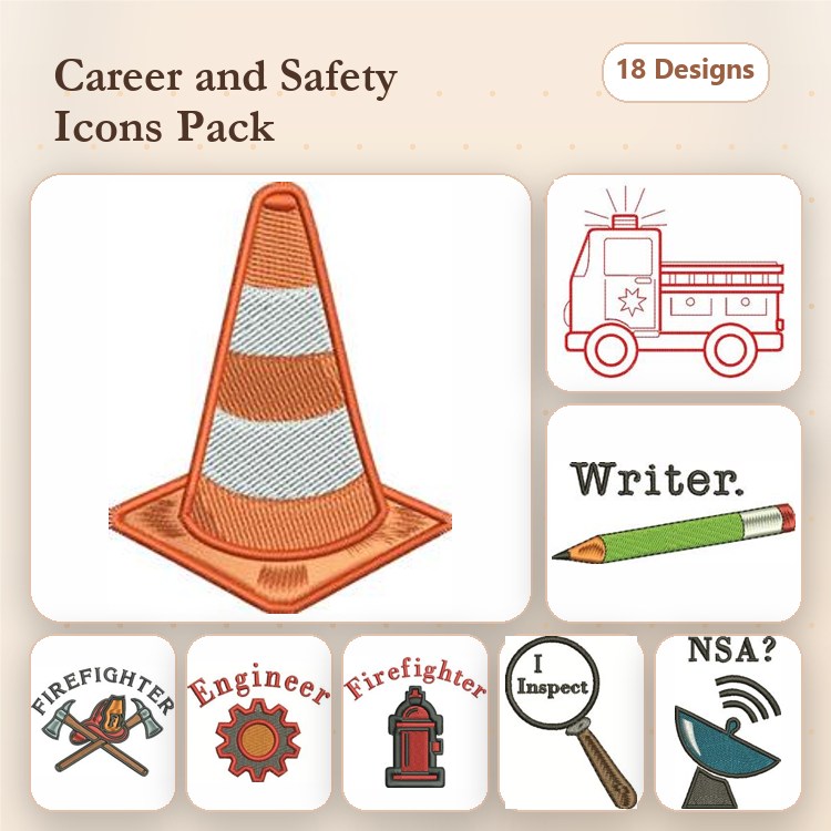 Career & Safety Icons Embroidery Designs Bundle – Traffic Cone, Fire Truck, Firefighter Badge & More (18 Designs)