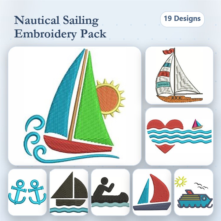 Nautical Sailing Embroidery Designs Bundle – Sailboat with Waves, Anchors, Heart with Waves & More (19 Designs)