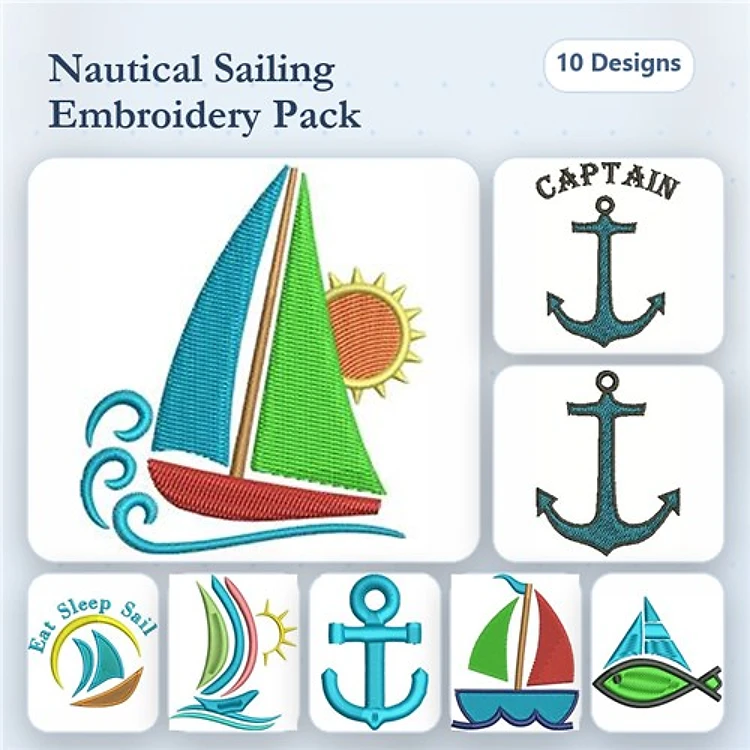 Nautical Sailing Embroidery Designs Bundle – Sailboat, Anchor, Captain Text & More (10 Designs)