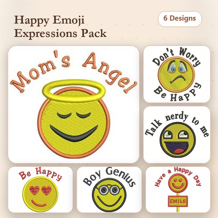 Happy Emoji Expressions Embroidery Designs Bundle – Mom's Angel, Don't Worry Be Happy, Talk Nerdy to Me & More (6 Designs)