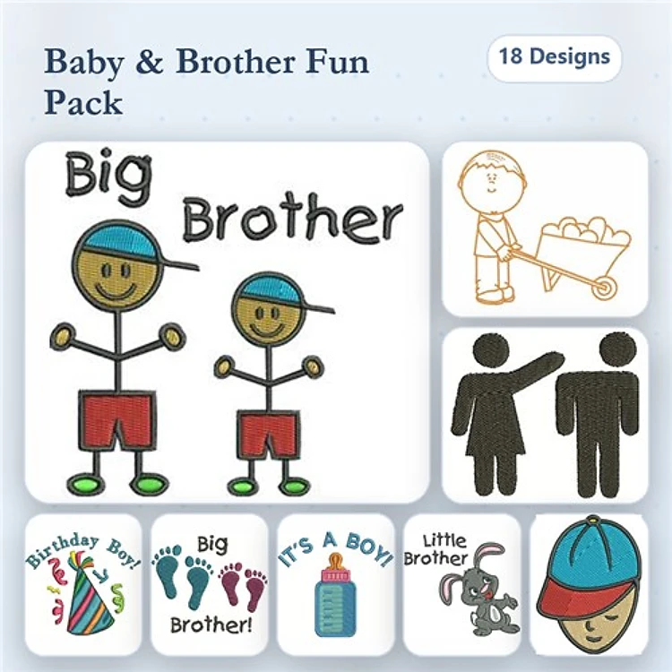 Baby Brother & Birthday Boy Embroidery Designs Bundle – Big Brother, It's a Boy, Brother Stick Figures & More (18 Designs)