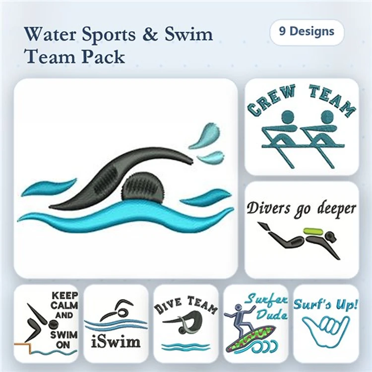 Water Sports and Swimming Embroidery Designs Bundle – Swimming Goggles, Crew Team, Keep Calm and Swim On & More (9 Designs)