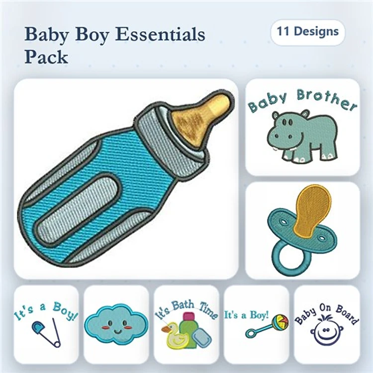 Baby Boy Essentials Embroidery Designs Bundle – Baby Bottle, Pacifier, It's a Boy! & More (11 Designs)