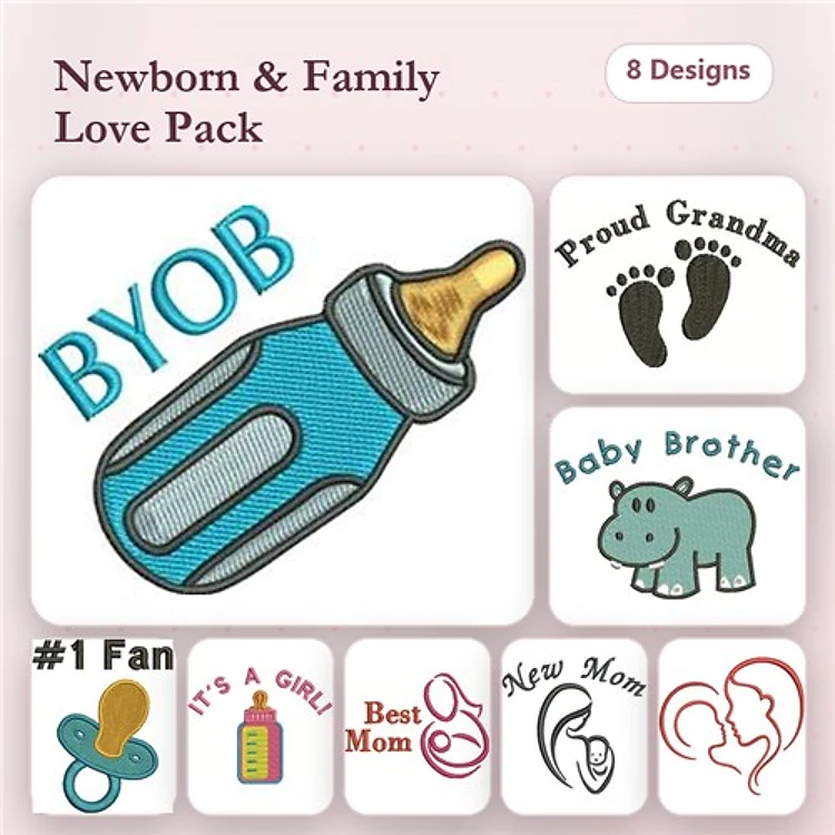 Newborn and Family Embroidery Designs Bundle – BYOB Bottle, Proud Grandma, Baby Brother Hippo & More (8 Designs)