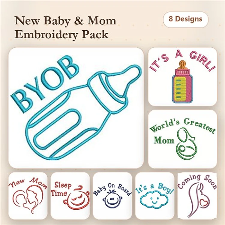 New Baby and Mom Embroidery Designs Bundle – BYOB Bottle, World's Greatest Mom, It's a Girl & More (8 Designs)