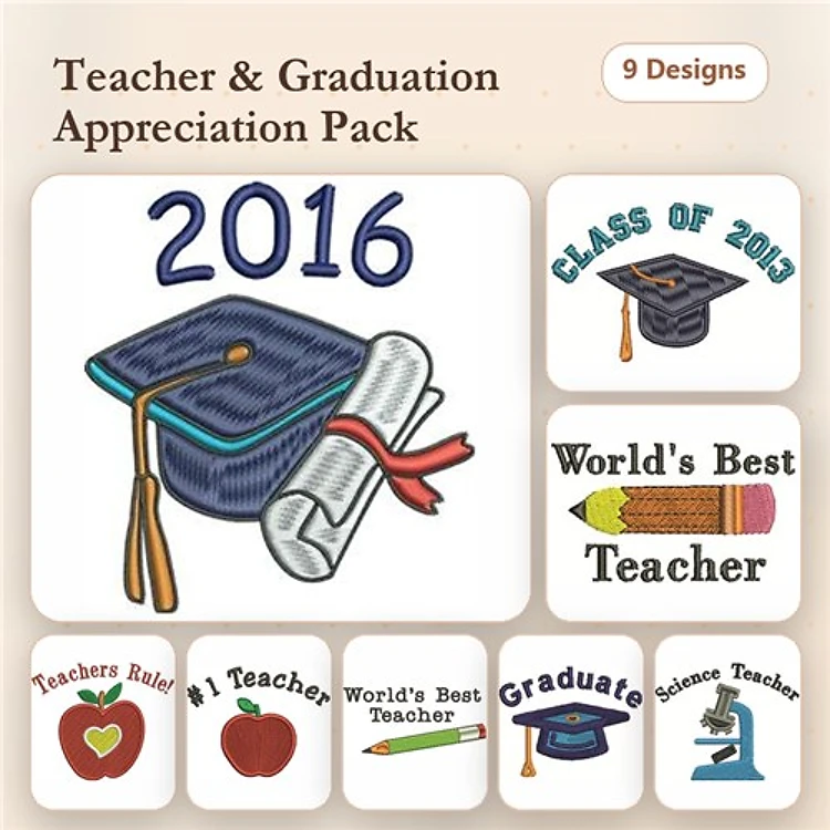 Teacher Appreciation Embroidery Designs Bundle – Graduation Cap, World's Best Teacher, Pencil & More (9 Designs)