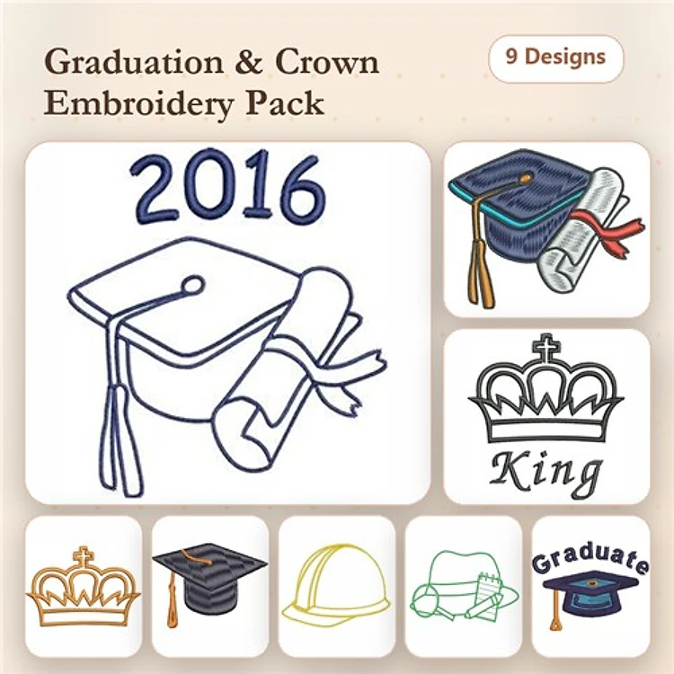 Graduation & Crown Embroidery Bundle – Graduation Cap, Crown with King, Graduate Text & More (9 Designs)