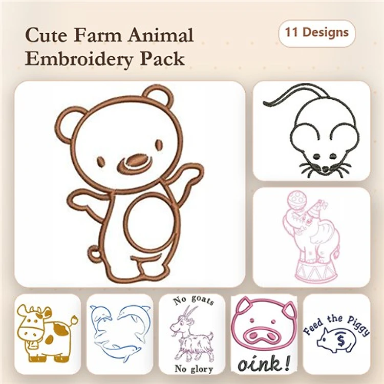Redwork Farm Animal Embroidery Designs Bundle – Bear, Mouse, Clown Pig, Cow & More (11 Designs)