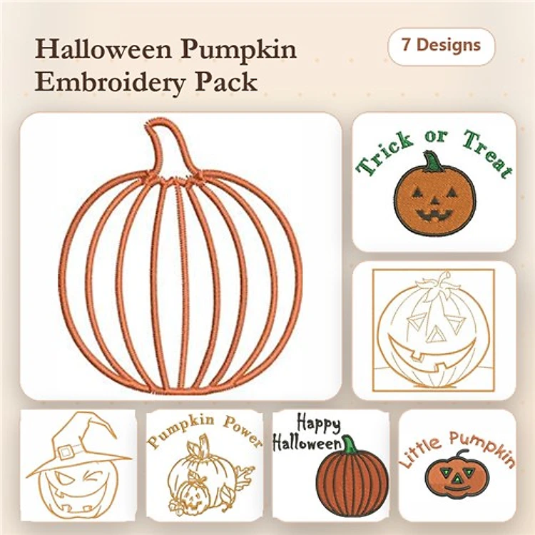 Redwork Halloween Pumpkin Embroidery Designs Bundle – Pumpkin Power, Happy Halloween, Trick or Treat & More (7 Designs)