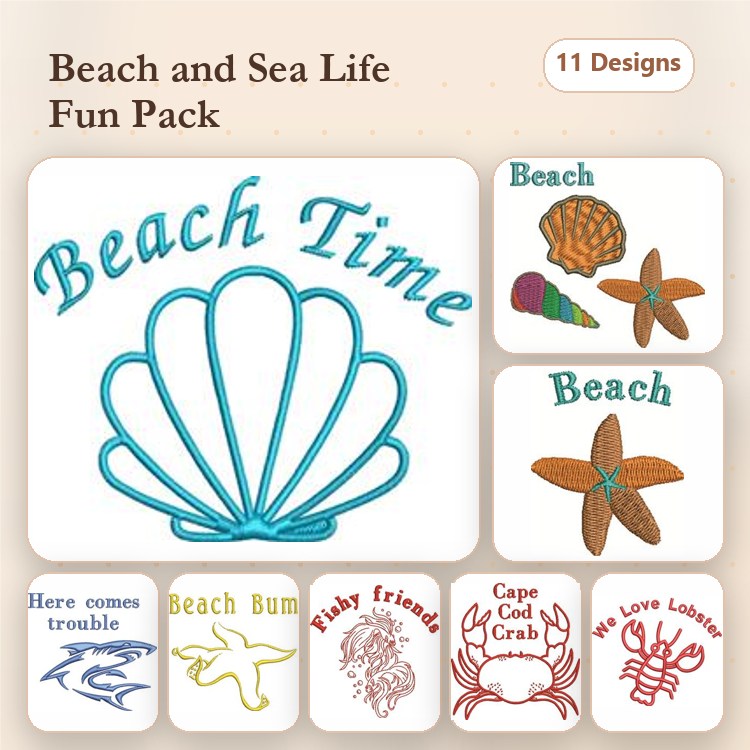 Beach and Sea Life Embroidery Designs Bundle – Beach Time Shell, Cape Cod Crab, Starfish & More (11 Designs)