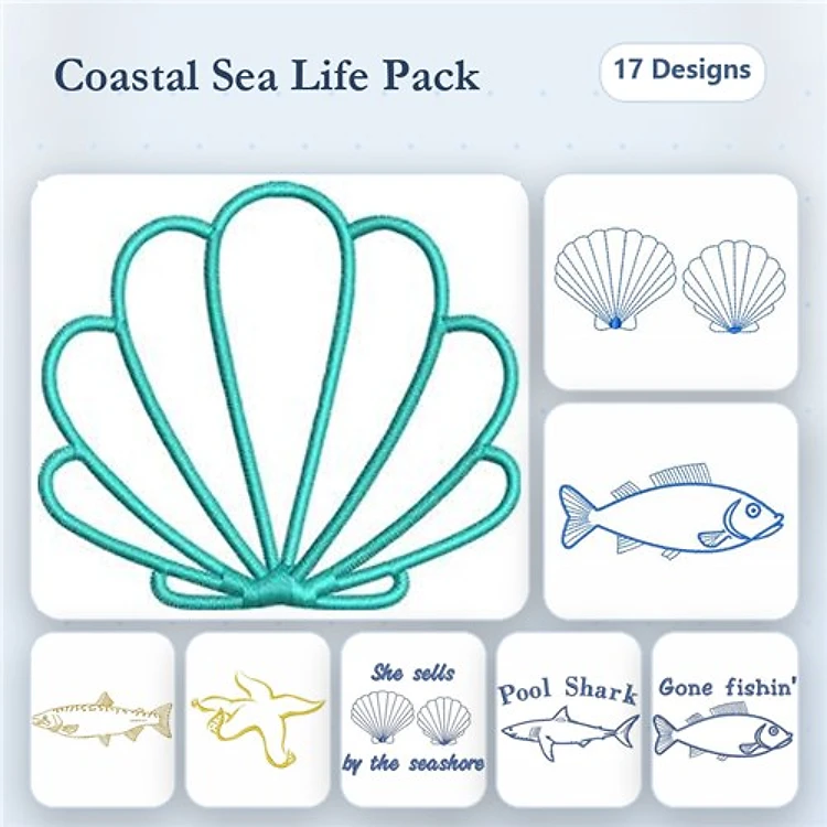Coastal Sea Life Embroidery Designs Bundle – Seashell Outline, Fish, Shark, Gone Fishin' & More (17 Designs)