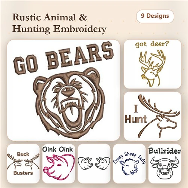 Rustic Animal & Hunting Embroidery Designs Bundle – Go Bears, Got Deer?, I Hunt & More (9 Designs)