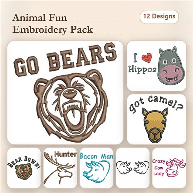 Animal Embroidery Designs Bundle – Go Bears, Bacon Man, I Love Hippos & More (12 Designs)