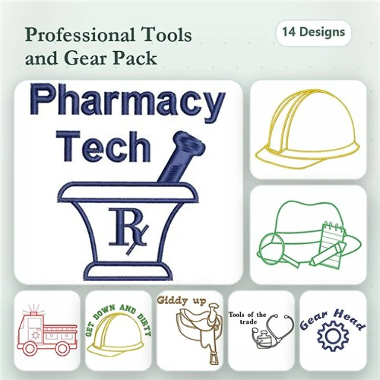 Professional Tools & Gear Embroidery Designs Bundle – Pharmacy Tech, Hard Hat, Fire Truck & More (14 Designs)