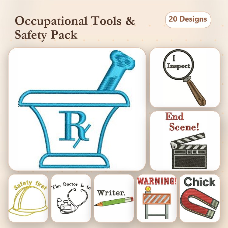 Occupational Tools & Safety Embroidery Designs Bundle – Mortar and Pestle, Clapperboard, Safety Hat & More (20 Designs)