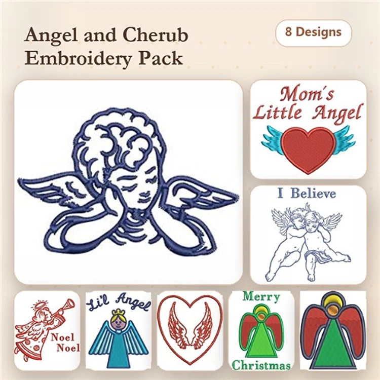 Angels and Cherubs Embroidery Designs Bundle – Cherub, Mom's Little Angel, Merry Christmas & More (8 Designs)