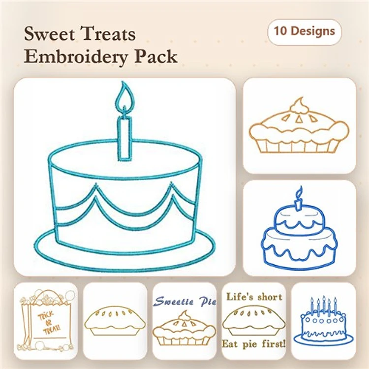 Redwork Sweet Treats Embroidery Bundle – Birthday Cake, Cupcake, Pie Slice & More (10 Designs)
