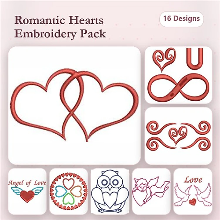 Redwork Romantic Hearts Embroidery Designs Bundle – Interlocking Hearts, Angel of Love, Owl with Heart & More (16 Designs)