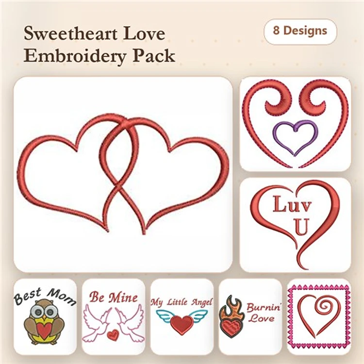 Love and Hearts Embroidery Designs Bundle – Interlinked Hearts, Luv U Heart, Curly Heart & More (8 Designs)