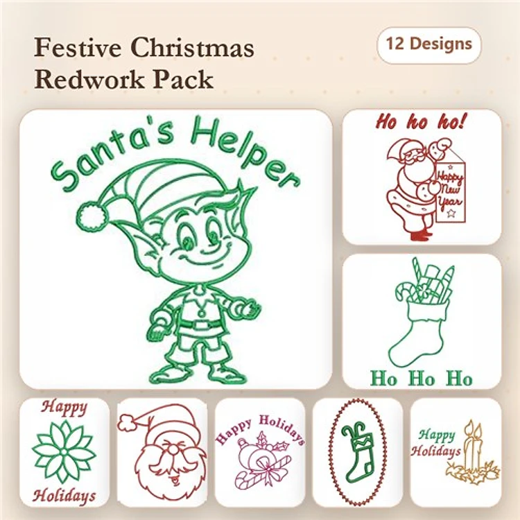 Redwork Christmas Embroidery Designs Bundle – Santa's Helper, Santa Claus, Christmas Stockings & More (12 Designs)