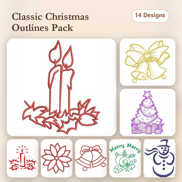 Redwork Christmas Outline Embroidery Bundle – Candle with Holly, Christmas Tree, Snowman & More (14 Designs)