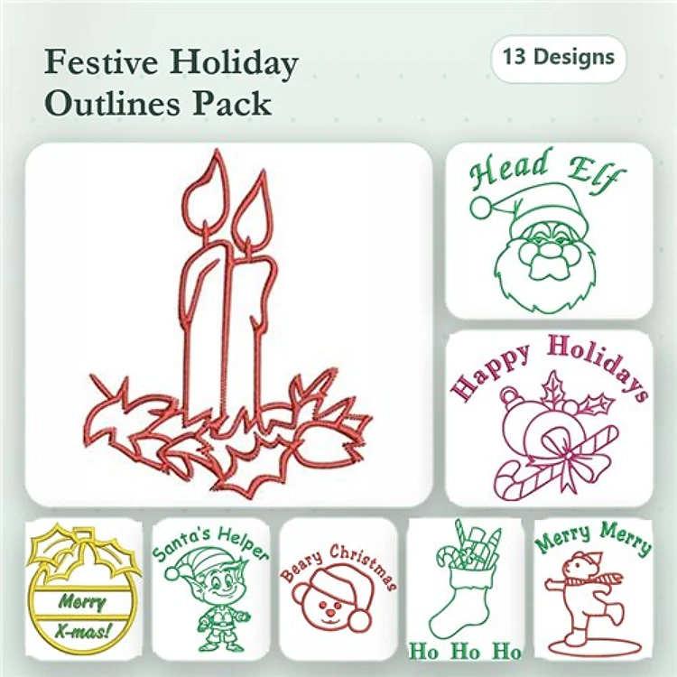 Redwork Festive Holiday Embroidery Designs Bundle – Candles with Holly, Santa Claus, Head Elf & More (13 Designs)