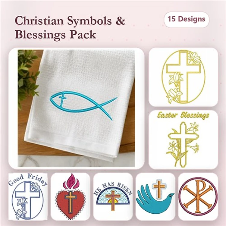 Christian Symbols Embroidery Designs Bundle – Christian Fish, Cross with Flowers, Easter Blessings & More (15 Designs)