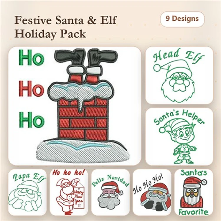 Santa & Elf Holiday Embroidery Bundle – Chimney with Santa Hat, Santa's Favorite, Ho Ho Ho! & More (9 Designs)