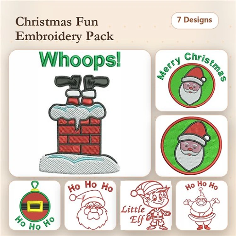 Christmas Holiday Embroidery Designs Bundle – Chimney with Santa, Merry Christmas, Santa Face & More (7 Designs)