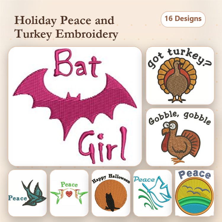 Holiday Themed Embroidery Designs Bundle – Bat Girl, Turkey with Gobble Gobble, Got Turkey & More (16 Designs)