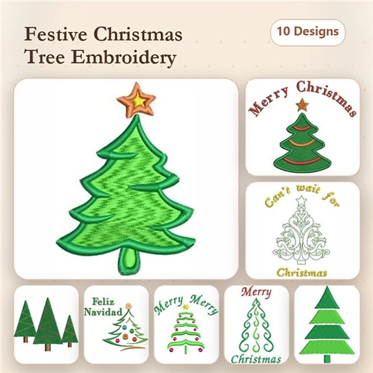 Christmas Tree & Merry Christmas Greetings Embroidery Designs Bundle – Decorative Trees, Feliz Navidad, & More (10 Designs)