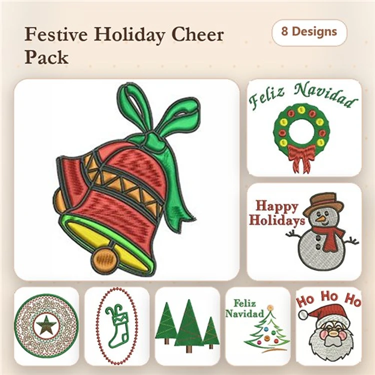 Holiday & Winter Embroidery Designs Bundle – Christmas Tree, Snowman, Bell & More (8 Designs)